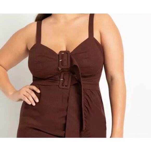 Eloquii NWT Buckle Front Linen Blend Dress Warm Chocolate Brown Slit Womens 14 - Picture 10 of 11